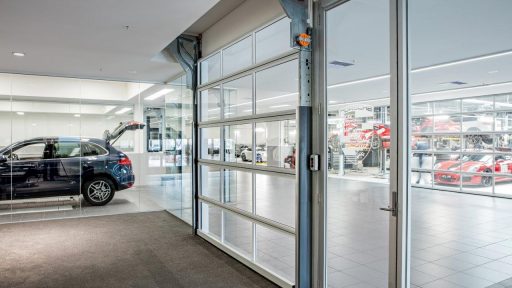 full glass doors at this car dealership